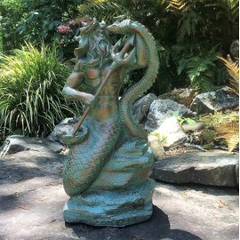 22 in. Poseidon Ruler of The Sea Mermaids on Nautical Rock Bronze Patina Finish Beach and Pool Statue
