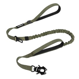 PetBonus Heavy Duty Tactical Dog Leash, 5 FT Bungee Shock Absorption Leash with 2 Padded Handles, Quick Release Metal Clip, Car Seatbelt, No Pull Training Lead for Large Medium Dogs（Army Green）