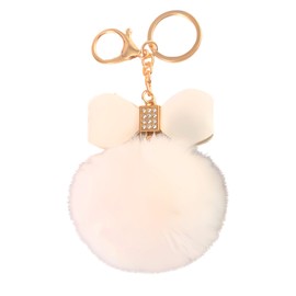 NICIFOAM Women Fuzzy Key Chain Faux Rabbit Fur Ball Keychain Pom Pom Key Chain with Bowknot Off White