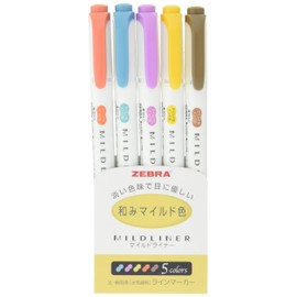 Zebra MILD LINER, Double Sided Highlighter, Refined Color, 5 Set (WKT7-5C-RC)