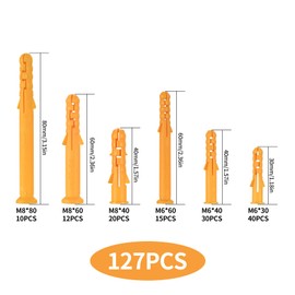 127 Pcs Assorted Wall Plugs Set, Raw Plugs Assorted, Plastic Raw Plugs for Brick Wall, Yellow Heavy Duty Wall Plugs for Screws, for Hollow Wall Plasterboard Fixings