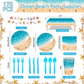 170 Pcs Beach Party Supplies Ocean Waves Party Decorations Include Ocean Seashell Plates Cups Napkins Cutlery Banner Tablecloth for Birthday Baby Shower Wedding Summer Party, Serves 24