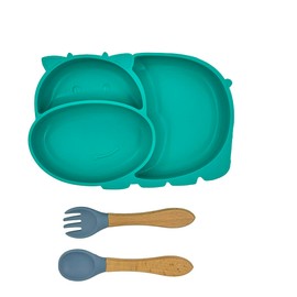 Vajilla para Bebé con Cubiertos; Plato Adherente con 3 Divisiones y Cubiertos (Verde)