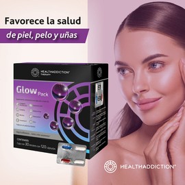 HEALTHADDICTION | Colágeno Glow Pack Healthaddiction I Colágeno Hidrolizado, Coenzima Q10, Biotina, Vitamina E, Astaxantina, Zinc, Acaí, Vitaminas, Minerales y Antioxidantes.120 cápsulas en 30 sobres