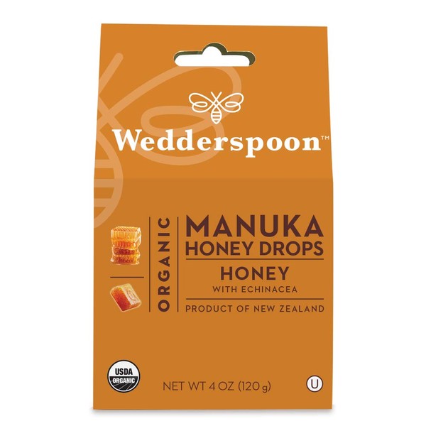 Wedderspoon Organic Manuka Honey Drops, Honey + Echinacea, Unpasteurized, Genuine New Zealand Honey, Perfect Remedy For Dry Throats, 4.0 Ounce