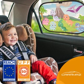 Car Window Shades for Baby with Certified UV Protection - Optimal Darkness with Suction Cups in Universal Size 51 x 31 cm - Dino Design - Pack of 2