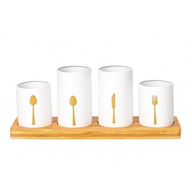 Innoteck Essentials 4pc Kitchen Cutlery Holder Set - Modern Farmhouse Kitchen Décor - Natural Bamboo - White Utensil Crock - Vintage Organizer - Kitchen Tool Caddy - Countertop Storage