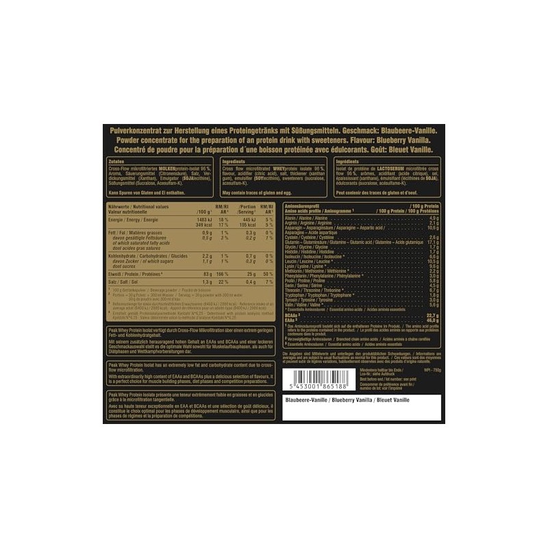 PEAK Whey Protein Isolate - 750 g Flavour Blueberry Vanilla