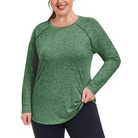COOTRY Plus Size Workout Tops for Women Long Sleeve Shirts Breathable Moisture Wicking Athletic Gym Yoga Clothing Green 2XL
