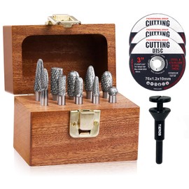 TiERGS Tungsten Carbide Burr Set, 1/4" Shank, 10Pcs Die Grinder Bits, Compatible with DeWalt & Milwaukee Die Grinders, with Mandrel and Cut-Off Wheels