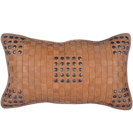 Paseo Road by HiEnd Accents Genuine Leather Studded Basket Weave Pillow, Solid Tan Color, 12x20 inch, Western Rustic Style Lumbar Pillow