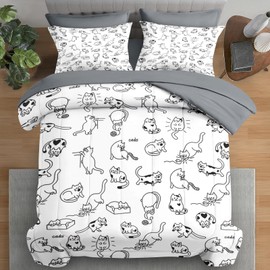 Pamnest Comforter Set Twin Size, Funny Cat 5 Pcs Bedding for Kids and Adults, Cute Animal Kids Bed Sheet Sets with Fitted Sheet Pillowcase & Sham for Bedroom Bed Decor