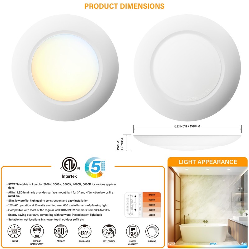 JULLISON 10 Packs 4 Inch White LED Low Profile Recessed