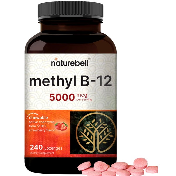 NatureBell Ultra Strength Vitamin B12 Methylcobalamin 5000mcg, 240 Strawberry Flavored Lozenges | Bioactive Form of B12 | Promotes Energy Metabolism - Vegan Friendly & Non GMO