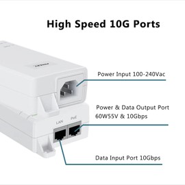 10Gbps PoE++ Injector 60W IEEE802.3bt/at/af Compliant, Supplies PoE(15.4W) or PoE+(30W) or PoE++(60W) Power Over Ethernet Distances Up To 328ft, PoE Injector Adapter for Camera/Access Point, EN60GB-10