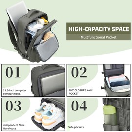 Carry on Backpack for Women Men, Travel Backpack with Shoe Compartment & Wet Pocket, College Business Laptops Backpack with USB Charging Port Waterproof Casual Daypack Luggage for Sports Travel, Green