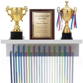 WRONWA Medal Hanger Display with Shelf, Wall Mounted Bamboo Trophy Shelf with 25 Steel Hooks