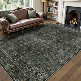 5x7 Floral Washable Area Rug for Living Room, Vintage Boho Large Rug for Bedroom Dining Room， Distressed Botanical Birds Non Slip Low Pile Forest Animal Throw Carpet for Farmhouse Office, Dark Green