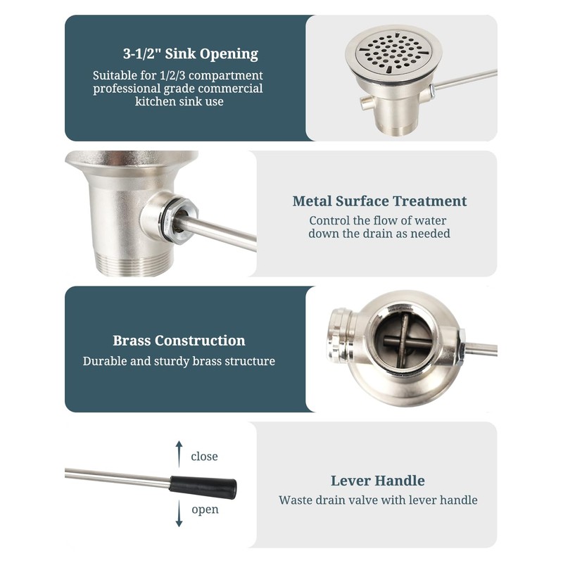 Phivan 3-1/2 Inch Commercial Sink Drain with Lever Handle Kitchen