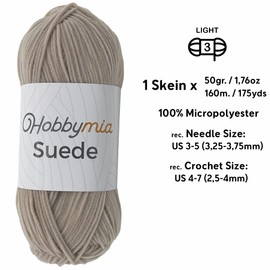 HobbyMia Suede Yarn - 50gr. / 1.76oz. - 160m. / 175 yds. - 100% Microfiber - (3) Light, Light Worsted, Dk Weight - Leather Look - Nubuck Yarn for Crochet & Knitting (12905 - Beige - 1 Skein)