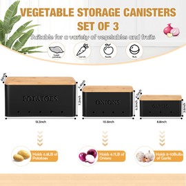 Honeydak 3 PCS Potato Onion Garlic Storage Bins Set, Metal Vegetable Keeper Containers with Lids Aerating Holes for Kitchen Counter Pantry Keep Fresh Longer Farmhouse for Sweet-potato Fruits (White)