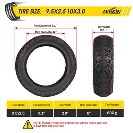 AVOKIN 2 Pack 9.5x2.50 Rubber Tubeless Tire + Straight Nozzles, 9.5 Inch Electric Scooter Tire for NIU Kick Scooter KQi3 Sport/Pro/Max