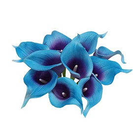 Angel Isabella Real Touch Calla Lily Artificial Flowers — Perfect for a Wedding, Prom, Christmas or Home Decor — Great as a Boutonniere, Corsage or Centerpiece - 10 Stems, Blue Turquoise with Purple