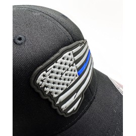 GNB CUSTOM EMBROIDERY LLC Thin Blue Line American Waving 3D Flag PVC Soft Rubber Patch Flex Fitted Hat (L/XL, Black)