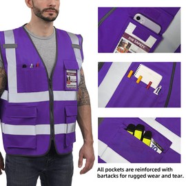 Dib Safety Reflective Vest High Visibility with Pockets and Zipper, Purple XS