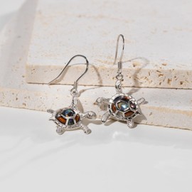 925 Sterling Silver Koa Wood Abalone Shell Turtle Dangle Hook Earrings, Mauka and Makai, Nickle Free Hypoallergenic for Sensitive Skin, Tropical Ocean Jewelry for Women, Gift Box Included