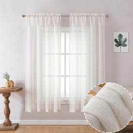 OWENIE - Juego de 2 cortinas cortas, semipuradas de mezcla de lino de 54 pulgadas de largo, para ventana pequeña, cortina natural para recámara/sala de estar, cortinas de granja con bolsillo para