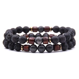 Leuchtbox Stylish Lucky Bracelet Chain for Men and Women Unisex Natural Lava Stone Volcanic Stone Natural Stone Wooden Beads Elastic Band Set of 2 Anthracite, Carbon fibre, Lava Rock