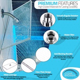 PREMIUM Large Shower Head by Clear Shower XL - Clear Model, FIRM PRESSURE Square 18 inch (45cm) Adjustable Shower Head, LUXURY Waterfall Full Body Coverage, Easy to Install