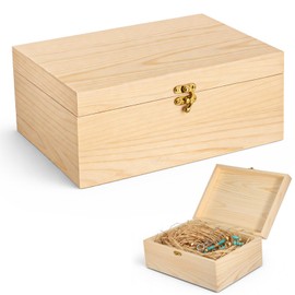 Large Unfinished Wooden Box with Hinged Lid, 10.6" x 7.6" x 4.3" Smooth Unpainted Wooden Storage Box Unfinished Large Keepsake-Box for Crafts Jewelry DIY Decoration Natural