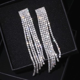 Silver Colour Rhinestone Crystal Long Tassel Earrings for Women Bridal Drop Dangle Earrings Wedding Jewellery