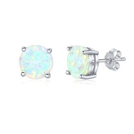 SILVEGO Women 925 Sterling Silver Earrings with White Synthetic Opal Stud Earrings 8mm