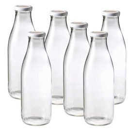 Le Parfait Bottles French Glass Milk Bottle with 48mm Printed Logo Airtight Metal Twist Cap | Used for Smoothie, Water Bottle, Preserved Tomato Sauce & other Soups| 32oz (Pack of 6) 1 Liter