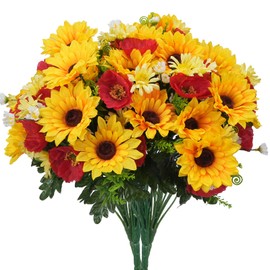 Fairblo 4 Bunches Spring Artificial Sunflowers Bouquet, Fake Summer Flowers Floral Arrangement and Faux Grave Flowers for Table Wedding Cemetery Home Garden Party Decoration