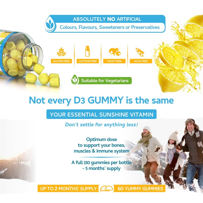 Vitamin D3 Gummies 25µg 1000IU - 60 Natural Lemon Flavour