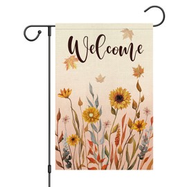 Welcome Fall Floral Garden Flag 12 x 18 Inch Double Sided Burlap Vertical Rustic Thanksgiving Flowers Yard Flags for Farmhouse Seasonal Holiday Decoration(ONLY FLAG)