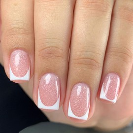 French Tip Press on Nails Short Square Fake Nails Nude Pink False Nails Press on Glossy Acrylic Nails with Designs Glitter Artificial Nails White Nail Tips Glue on Nails for Women Nail Decoration