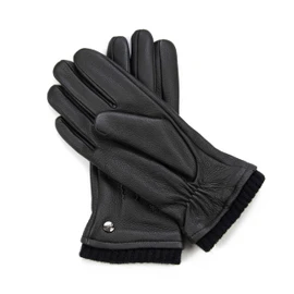 Hand Gewand by Weikert Leather Deerskin Gloves with Cashmere Lining, with Warm Knitted Cuff, Men's Deerskin Gloves, Warm Lined, Lined Men's Gloves, black