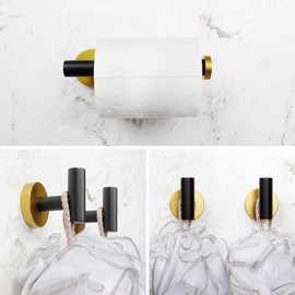 kimzcn 3-Pieces Bathroom Accessories Set Black & Gold Wall Mounted - Includes Toilet Paper Holder, 2X Robe Towel Hooks