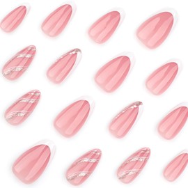 Press On Nails, Short Almond Ballet Duck Fake Nails, Cute Flower Stick on nails, Glue on Nails on 24PCs (White French Glitter)