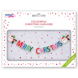 PUKKA party “Merry Christmas” Garland – Easy to Hang Lightweight 1.5m Printed Card Stitched String Banner Featuring Santa for Festive Home and Office Celebrations for Kids & Adults