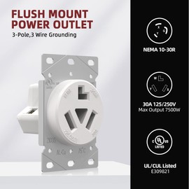 AIDA 10-30R Dryer Outlet 30-Amp 3-Pole, 3-Wire 125/250-Volts Non-grounding Heavy Duty Flush Mount Power Receptacle for Dryer, Space Heaters, UL Listed, 030626