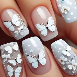 Butterfly Press on Nails Medium Square Fake Nails White False Nails with Ombre Design Glue on Nails Full Cover Stick on Nails Cute Acrylic Nails Reusable Artificial Nails for Women Manicure 24Pcs