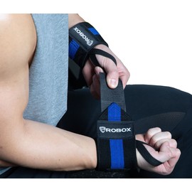 ROBOX Wrist Wraps for Weightlifting - 18" Extreme Wrist Support Braces with Thumb Loops for Heavy Lifting, Crossfit, Powerlifting, Strength Training and Workout - Men and Women (Black-Blue)