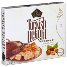Cerez Pazari Turkish Delight with Amazing Turkish Hazelnut Luxury Lokum Candy Dessert Gourmet Small Box (Approx.15 Pcs) 4.4 Oz