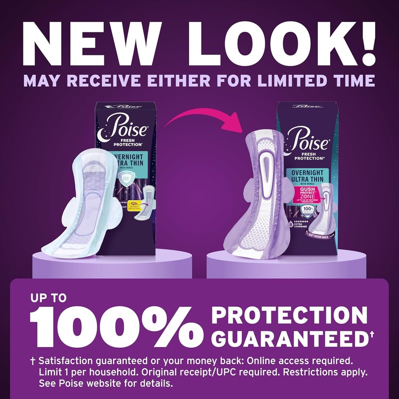 Poise Overnight Ultra Thin Incontinence & Postpartum Pads with Wings